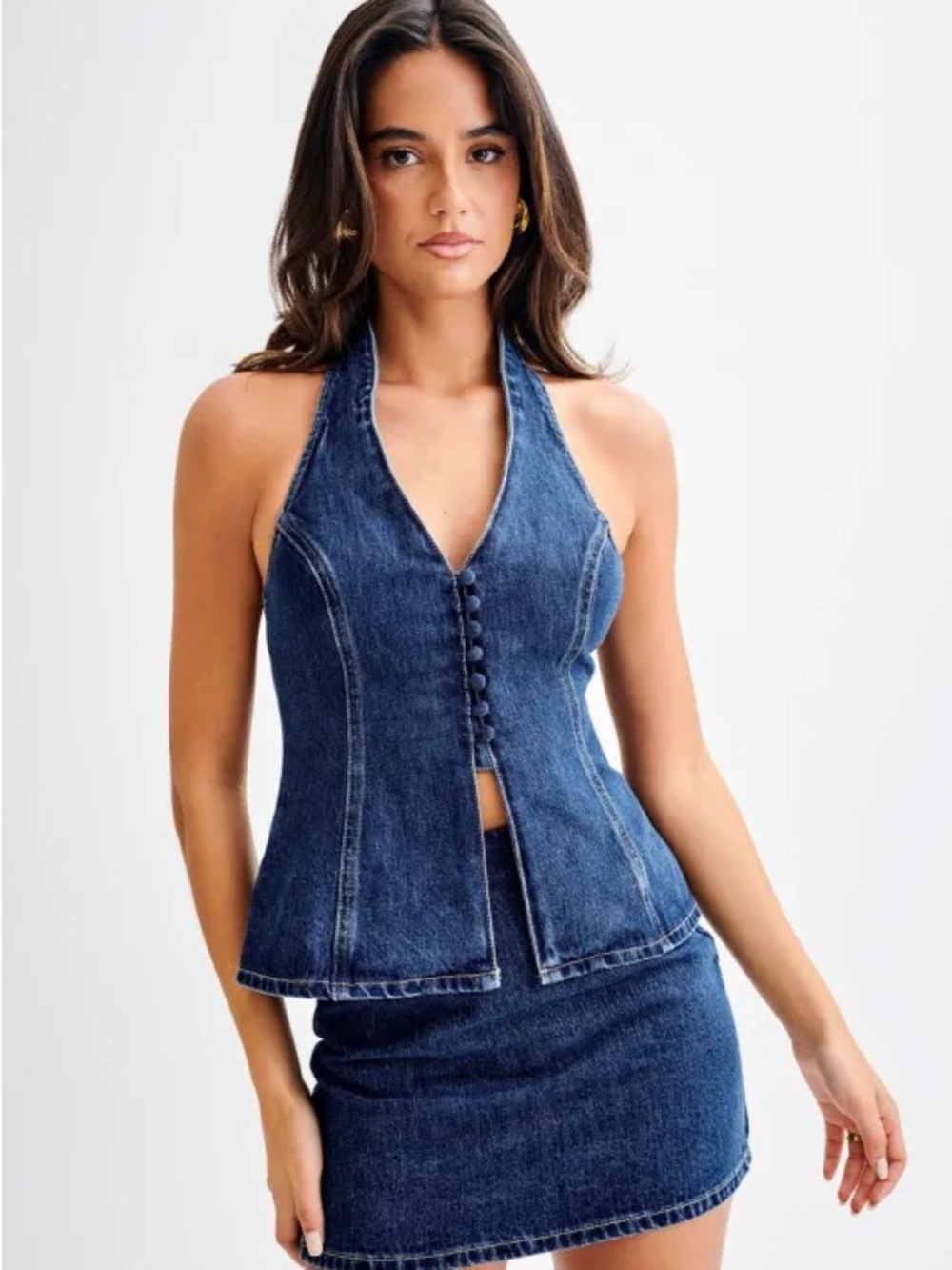 Meshki Dark Blue Denim Halter Button-Front Top